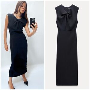 Zara MIDI Dress With Front Tie in Navy Blue Size XS
